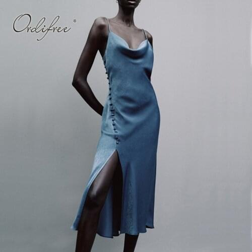 Ordifree 2021 New Summer Women Sexy Party Dress Spaghetti Strap Split Silk Long Satin Slip Dress