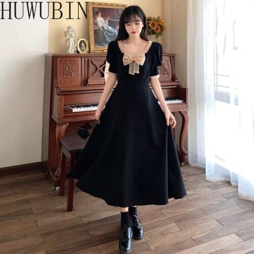 New Summer Womens Dress With Square Collar Bubble Sleeve Bow Knot Hepburn Style Slim Waist And Fashionable Dress