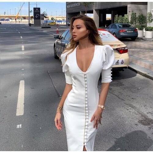 2020 Vestidos Mujer Vestido Longo Womens Dress V-neck Low-cut Single-breasted Slim Fashion Simple Bubble Sleeve Long Women