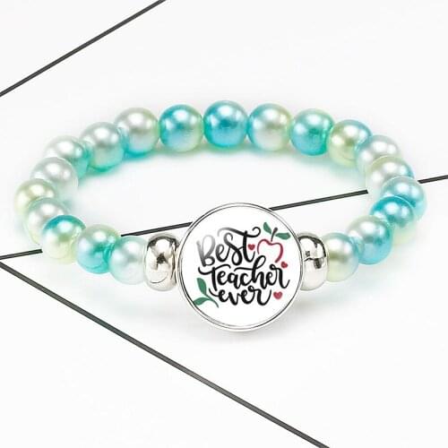 10PC Best Teachers Ever Apple Heart Charm Beaded Bracelet 18mm Teaching bracelets Snap Holder Buttons for Women Girl Boy Jewelry