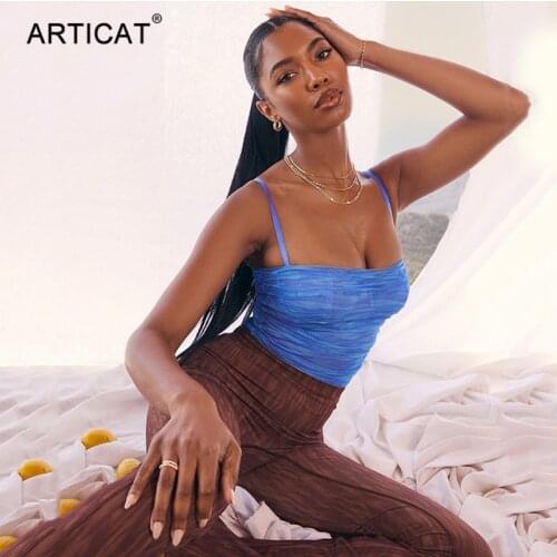 Articat Double Layer Mesh Sexy Sheer Bodysuits Women Strap Brown Transparent Summer Body Tops Femme Ruched Backless Skinny Top