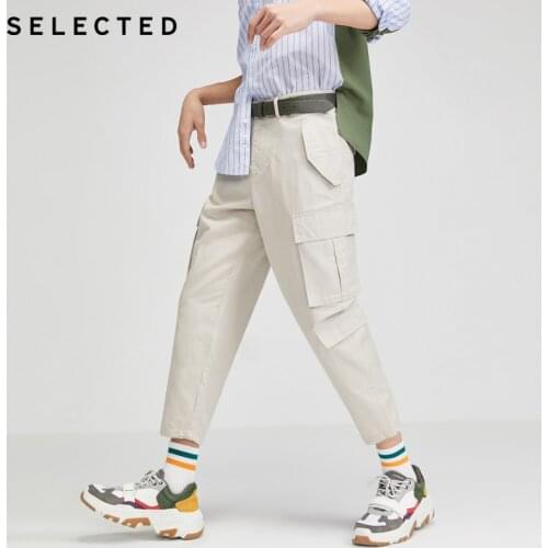 SELECTED Men Cotton & Linen Pockets Cargo Pants Loose Tapered Cropped Overalls|420214515
