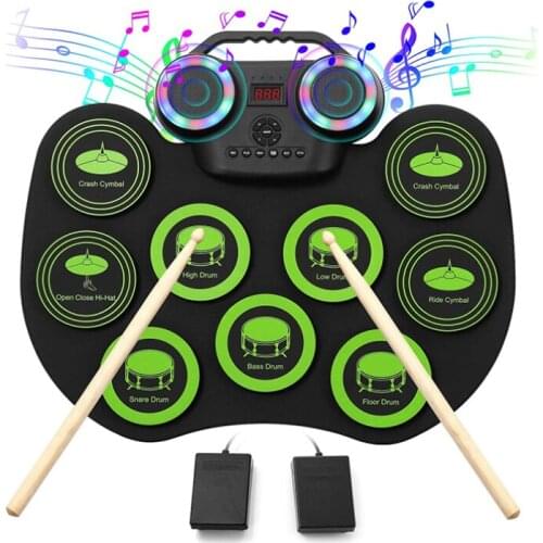 Digital Electronic Drum Set Portable USB Foldable Drum Kit 9 Silicon Drum Pads with Drumsticks Foot Pedals for Beginner Children