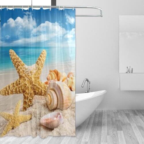 Eco-friendly Beach Conch Starfish Shell Bathroom Curtain Waterproof Polyester Shower Curtains Mildew Resistant Bath Curtain