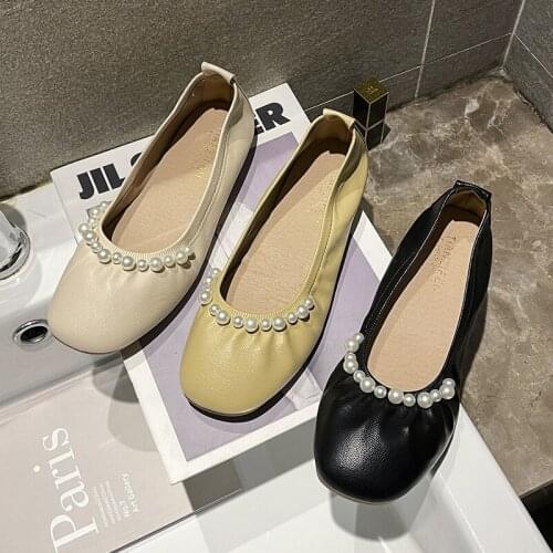 Elegant Beads flats female ballerina square toe loafers sneakers women grandma shoes pearl elastic soft leather moccasins femme