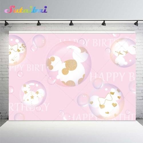 Happy Birthday Pink Mouse Backdrops Photographic Background for Photo Studio Fantasy Bubbles Girl Baby Cake Smash Decor Banner