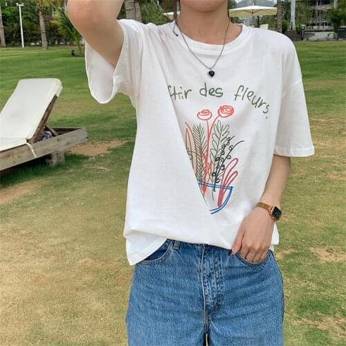 Womens T-shirts Tops Japanese Kawaii Ladies Ulzzang Loose Letter Flower Print Tshirt Female Korean Harajuku Clothes For Women