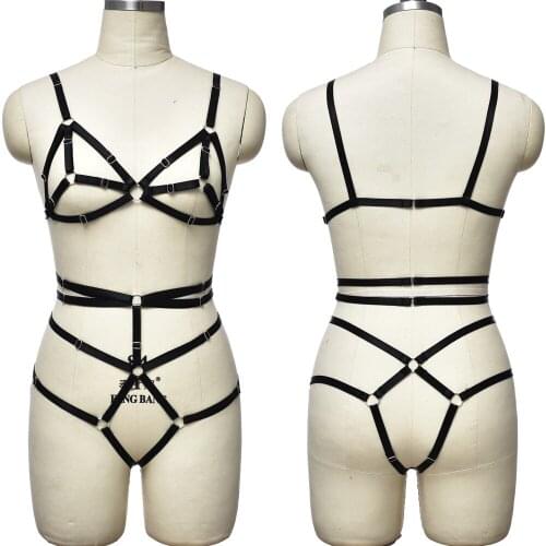 JLX.HARNESS Women Elastic Body Harness Belt Punk Sexy Lingerie Bodysuit Open Chest Bra Goth Hollow Pantie G-String Body Cage Set