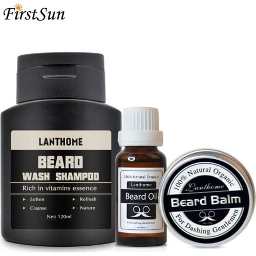 Labthome 3PCS/SET Men Moustache Cream Beard Organic Oil Kit with Shampoo for Groomed Beard Growth Shampoo Styling Shave