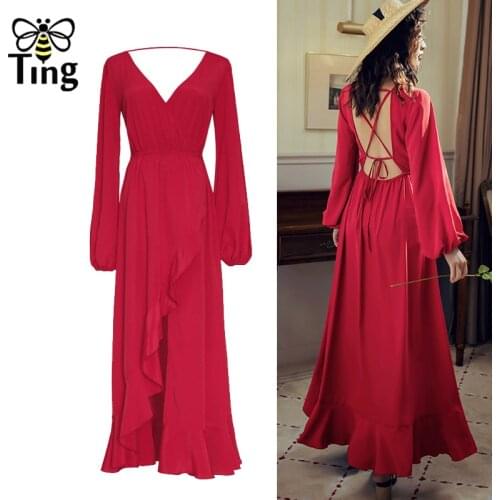 Tingfly Summer Dress Red Long Sleeve Women Boho Dresses Ladies Sexy Open Back Backless High Split Tunic Dress Vestidos Sundresse