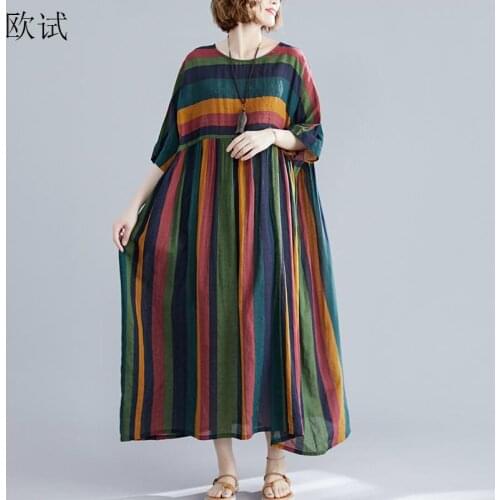 Plus Size Striped Summer Beach Long Dress Women Vintage Elegant Ladies Dresses Casual Print Loose Korean Cotton Dress 5XL 2019