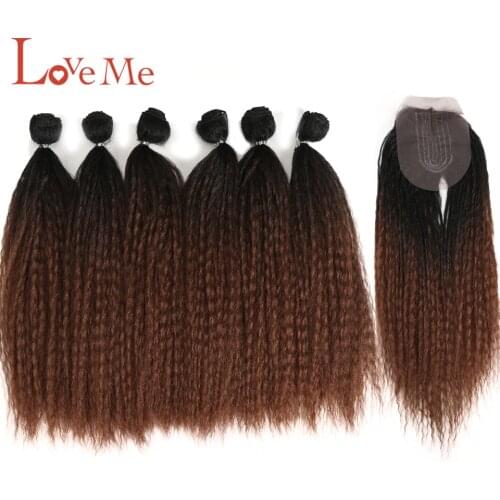LOVE ME Afro Kinky Straight Hair Bundle With Closure Synthetic Hair Weave 7pcs Ombre Synthetic For Black Women Hair Extension