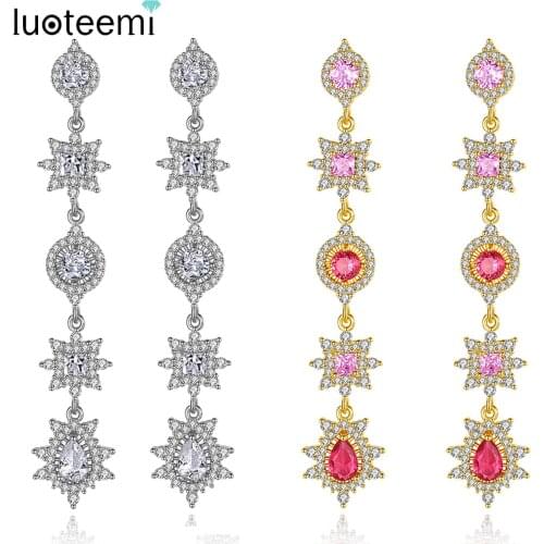 LUOTEEMI Elegant Long Drop Earrings for Women White/Pink Red CZ Stone Fashion Earring Jewelry Dating Engagement Birthday Gifts