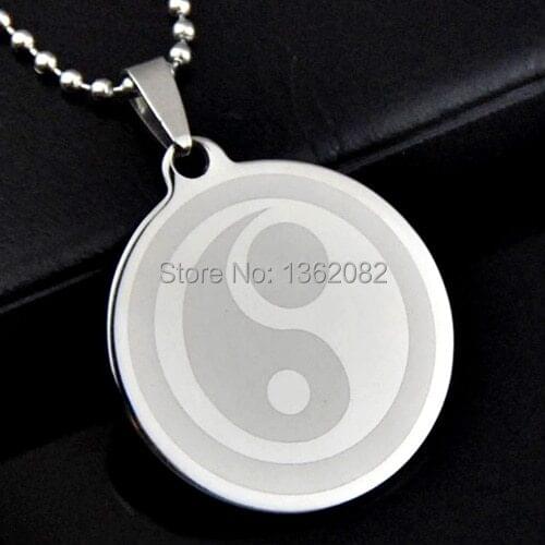 Fashion Men Womens Silver Tone Stainless Steel Tai Chi Yin and Yang Round Pendant Dog tag Necklace Gift MN220