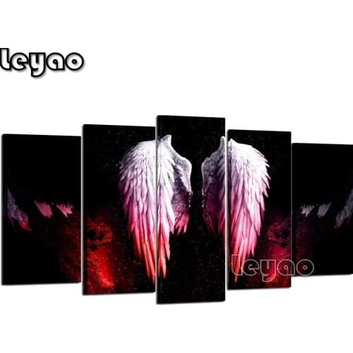 Multi-Picture Wall Art Black and Red Angel Wings Diamond Painting 5 Pieces Abstract Picture Gift for Living Room Home Decoration