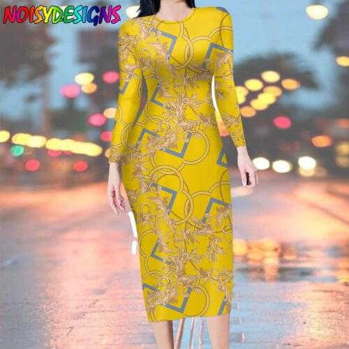 NOISYDESIGNS Yellow Women Dress Fashion Floral European Prints Stretchy Bodycon Thin Dress Girls Pencil Dresses Roupas Femininas