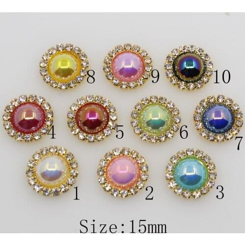 2018 New 10pc 15MM AB color pearl crystal rhinestone button wedding Metal golde decoration DIY hair flower center scrapbooking