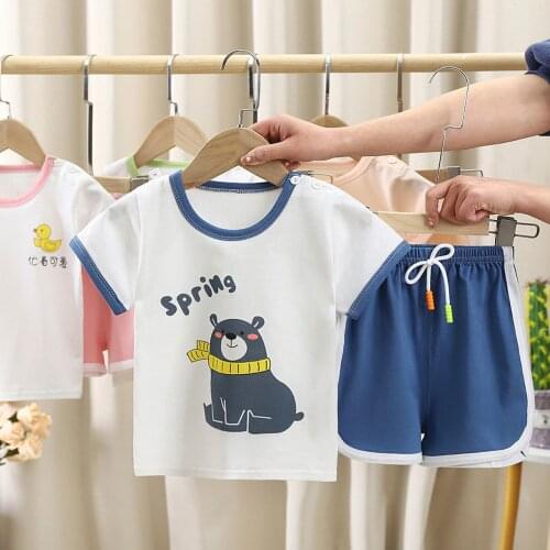 2021 New Childrens Short-sleeved Suit Summer Cotton T-shirt + Shorts Two-piece Suit Childrens Boutique Clothing