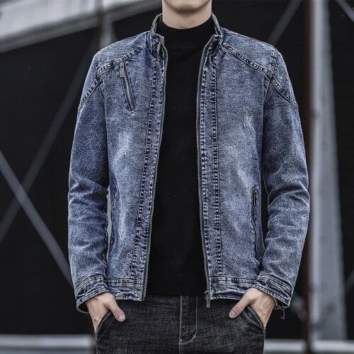 2022 Mens New Autumn Trendy Cotton Slim Retro Denim Jacket Youth Fashion Stand Collar Denim Jacket