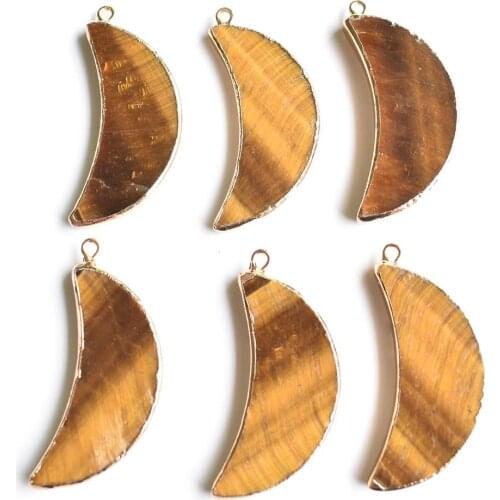 Wholesale 6pcs/lot fashion good quality natural tiger eye stone quartz moon shape gold side pendants for jewelry making