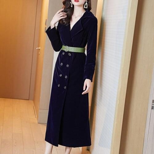 2021 new double-breasted noble western style long coat velvet jacket with belt waist bottoming all-match dress