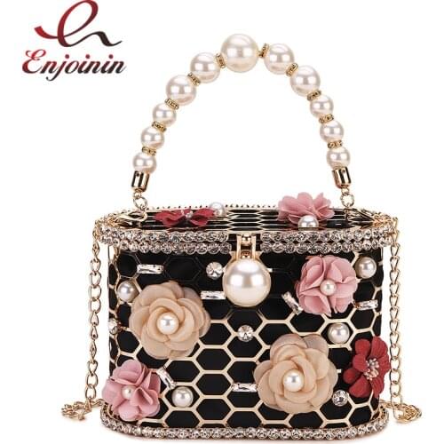 Luxury Flower Metal Hollow Women Party Purses and Handbag Fashion Pearl Handle Designer Bags Female Shoulder Chain Bag