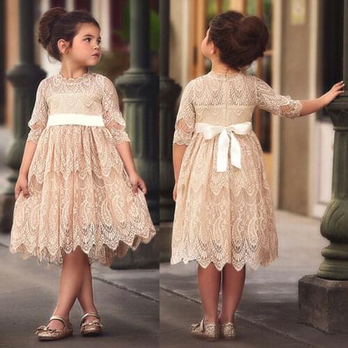 XMAS Toddler Kids Baby Girl Flower Lace Crochet Tutu Dress Princess Vestidos Long Sleeve Formal Party Pageant Wedding Dresses
