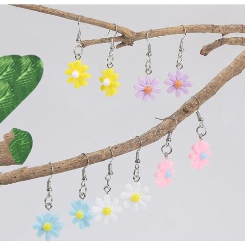 5 Pairs/Set Korean Style Ladies Cute Flower Drop Earrings For Women Girl Gift Trendy White Blue Pink Yellow Purple Resin Earring