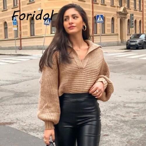 Autumn Winter Knit Sweater Women Casual Oversize Khaki Sweaters V Neck Knitted Loose Sweater Vintage Lantern Sleeve Pullover