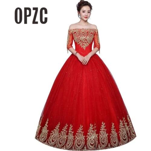 Vintage Ball Gown Boat Neck Wedding Dresses 2020 New Fashion Lace Half Sleeve Gold Appliques Customized Plus Size Bridal Dress