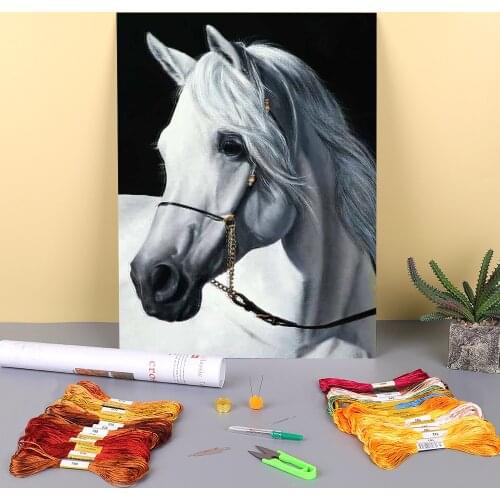 Animal Horse Printed Water-Soluble Canvas 11CT Cross-Stitch Complete Kit DIY Embroidery DMC Threads Handmade Decor