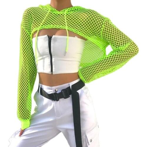 Fish Net Women T-shirts Casual Vest Bra Cover tshirt Hollow out Tanks Top Drawstring Short Sweatshirt Women Summer T shirts