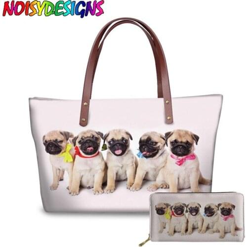 NOISYDESIGNS Cute Animal Pug Printing Top-handle Large Bags For Ladies High Quality Tote Purse Bolas Feniminas 2Pcs/Set Handbag