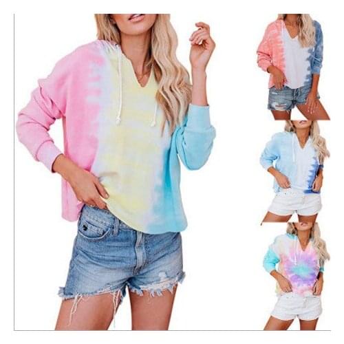 Womens Tie-Dye Gradient Color V-neck Hooded Long Sleeve Pullover Casual zaraing-style za women 2020 sheining women Sweatshirt