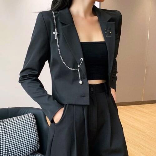 Women Suit Blazer Top New Chic Casual Metal Chains Decorated Short Design Blazer Jacket