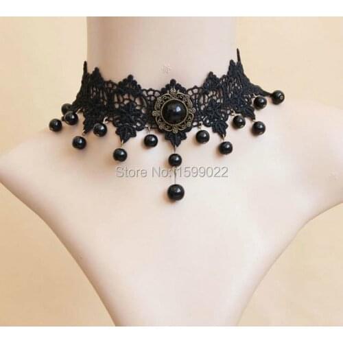 Gothic Black Rhinestone Antique Bronze Charms Beaded Fringe Lace Tattoo Choker Necklace Ladies Neck Accessories False Collar