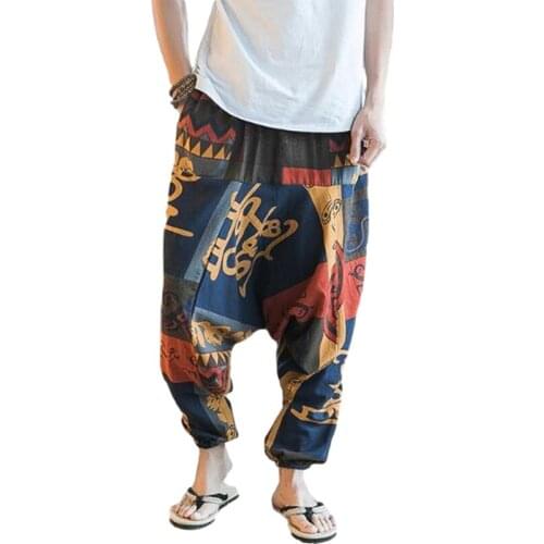 Elastic Waist Cross Pants for Men Baggy Cotton Linen Vintage Printing Trousers Casual Oversize 5XL Hip Hop Clothing