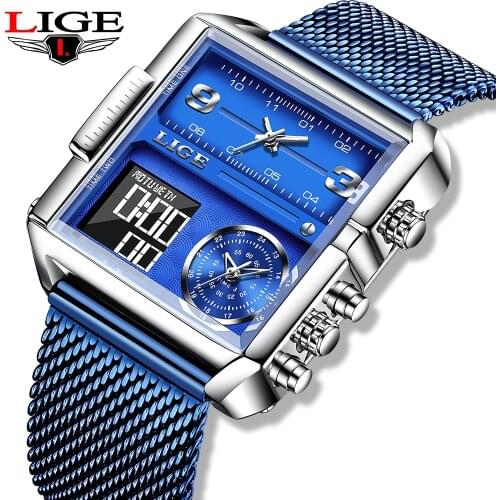 2021New LIGE Sport Men Watches Luxury Brand Mesh Steel Strap Electronic Wristwatch Men Fashion Waterproof Quartz Clock Reloj+Box