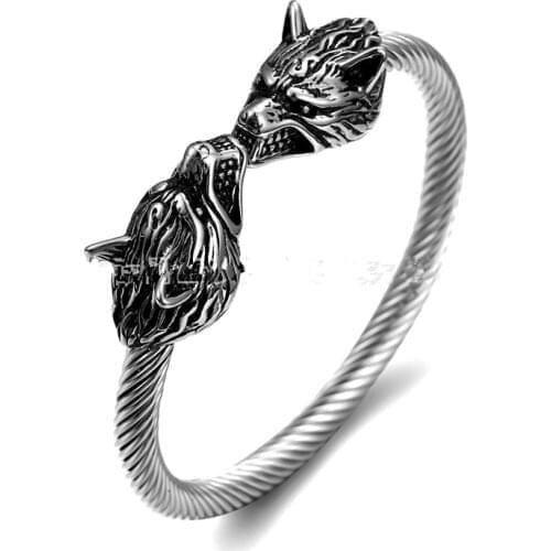 Diamater:7cm Double Wolf Bangle Bracelet 316L Stainless Steel Punk Style Band Party Wolf Biker Bangle