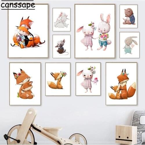 Animal Posters And Prints Nordic Canvas Painting Bunny Fox Bear Mouse Poster Flower Print Nursery Wall Picture Kids Room Decor