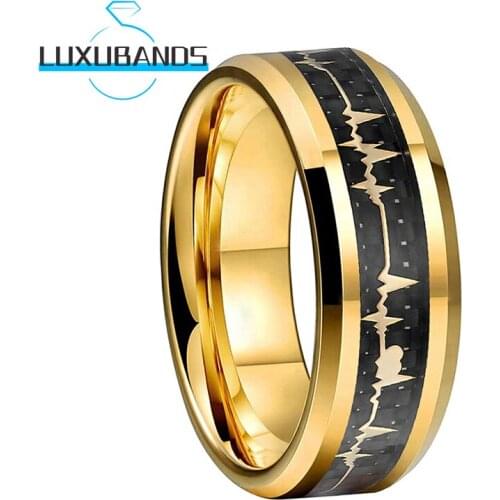 Women Men Tungsten Wedding Rings 8MM Gold Beveled Edges Heartbeat Black Carbon-Fiber Inlay Polished Finished Comfort Fit