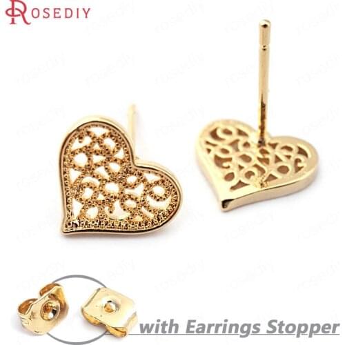 F422)10 pieces Heart 10.5*9mm 24K Gold Color Brass Stud Earrings Pins High Quality Diy Jewelry Findings Accessories