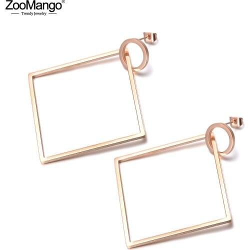 ZooMango Punk Style Geometric Square Circle Exaggerated Earrings Fashion Rose Gold Stainless Steel Gift For Women Girls ZE18075