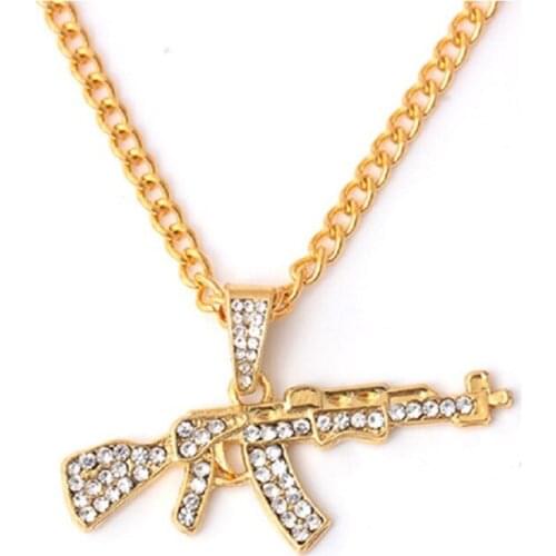 Fashion AK-47 Steampunk Necklace Pistol Submachine Gun Model Hip Hop Crystal Pendant Necklaces Men Christmas Charms Jewelry