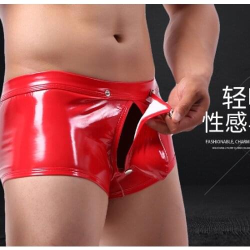Men Underwear Boxer Brief Faux Leather Gladiator Snap Fastener Open Crotch Capsule Pouch Isolation Penis Hidden Bag Boxer Shorts