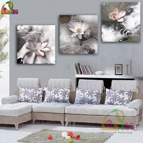 3 Pcs 5d Diy Diamond Painting Full Square Drill Lotus Flower Diamond Embroidery Mosaic Modern Triptych Home Decoration Painting
