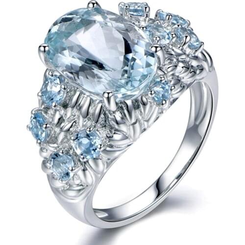 New luxury blue aquamarine gemstones diamonds Rings for women crystal topaz 18k white gold silver color bijoux jewelry bague