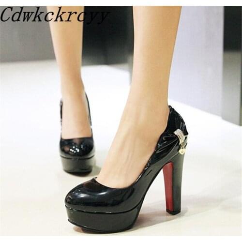 Autumn New pattern fashion Round head temperament Waterproof High-heeled Shoes gules Sweet Bow Rhinestone marry Women Shoes