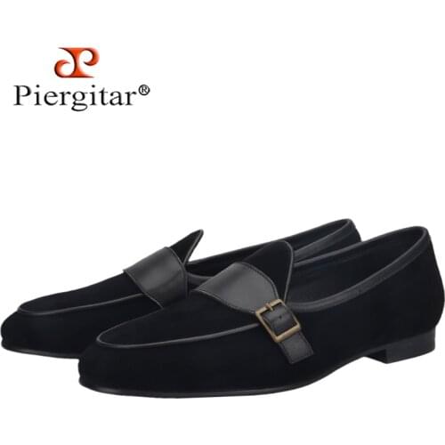 Piergitar 2021 Black Suede Leather Mens Loafers With Bronze Metal Buckle British Classic Slip on Men Smoking Slippers Plus Size