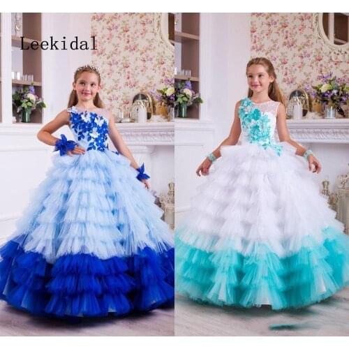 Luxury Royal Blue Lace Appliqued Flower Girl Dresses Vintage 3D Flowers Tiered Girl Formal Party Wedding Dresses Custom